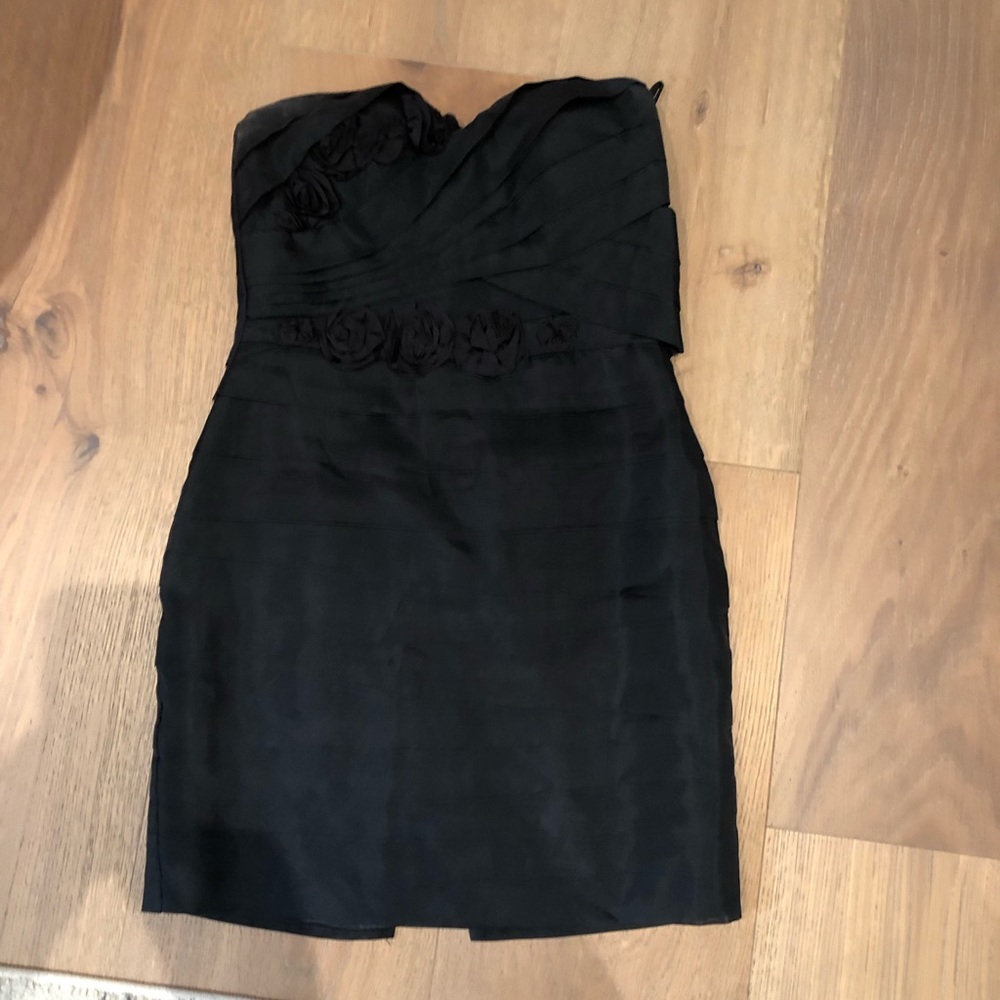 Bebe black strapless dress with rosette detail